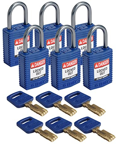 Brady (CPT-BLU-25AL-KD6PK) SafeKey Nylon Lockout-Vorhängeschloss - kompakt Mit Aluminium Bügel 25.00 mm Blau KD - Verschiedenschließende Schlösser 6 Stück