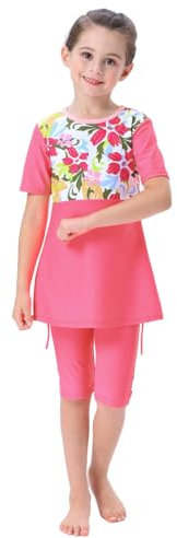 IBAKOM Kinder Kleinkind Mädchen Modest Bademode 2 Stück Burkini Langarm/Kurzarm Rash Guard Badeanzug Top Hose Strandkleidung Surfen Muslimisch Islamischer Badeanzüge 2# Rosa 2-3 Jahre
