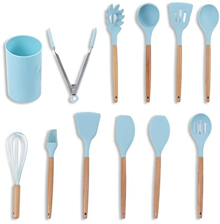 Ensemble d'ustensiles de cuisine 12pcs, ensemble d'ustensiles de cuisine en silicone bleu clair ustensile de cuisine antiadhésif avec manche en bois ustensiles de cuisine en silicone