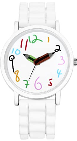 JewelryWe Kinderuhr Analog Quarz Armbanduhr Kinder Cartoon-Zahlen Bleistift Zeiger Silikon Armband Uhren für Junge Mädchen Jugendliche Weiß