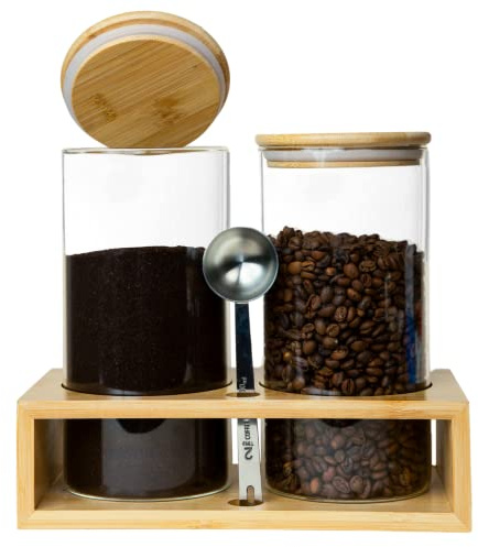 Glass Coffee Containers With Shelf - Coffee Bar Organizer And Accessories, Coffee Jars With Spoon, 2x 49oz Airtight Sealed Coffee Canister For Coffee Bean, Ground Coffee, Nuts