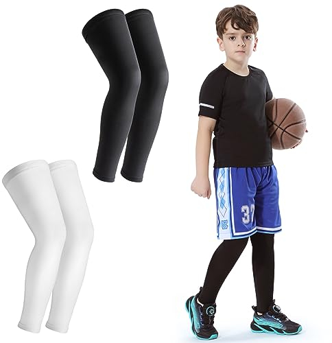 Newbyinn Kid Leg Sleeve 2 Pairs, Long Compression Leg Sleeve for Youth Boy Girl Basketball Soccer Football