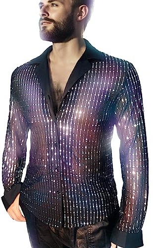AIBEIX Mens Mesh Sequins See Through 70s Disco Long Sleeve Button Down Shirts, Black Silver-long Sleeve, S