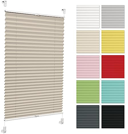 Plissee ohne Bohren 45 cm x 120 cm - Beige - Plissee klemmfix, Rollos für Fenster ohne Bohren, Jalousien Fenster für innen, Raffrollo, Fenster plissee