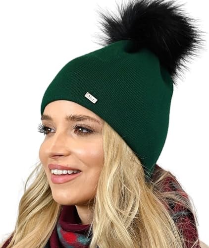 Alur Mütze Damen Beanie Wintermütze Strickmütze mit Bommel - Warme Elastisch Elegant Winter Mütze EKO Bommelmütze - Weiches Garn Stilvoll Universell Warm (Flaschengrün)