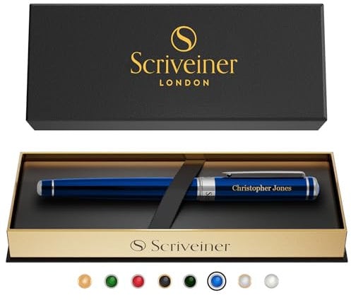 Scriveiner Midnight Blue Personalisierter Stift - Atemberaubender Blauer Lack Luxus Tintenroller, Chrom-Finish, Schmidt Tinte, Bestes Graviertes Tintenroller Geschenkset, Custom Name Gravur