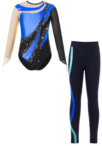 Alvivi Mädchen Turnanzug Glitzer Gymnastikanzug mit Leggings Hose Langarm Ballettanzug Gymnastik Leotard Trikotanzug Akrobatik Wettbewerb Tanzkostüm Royal Blau 146-152