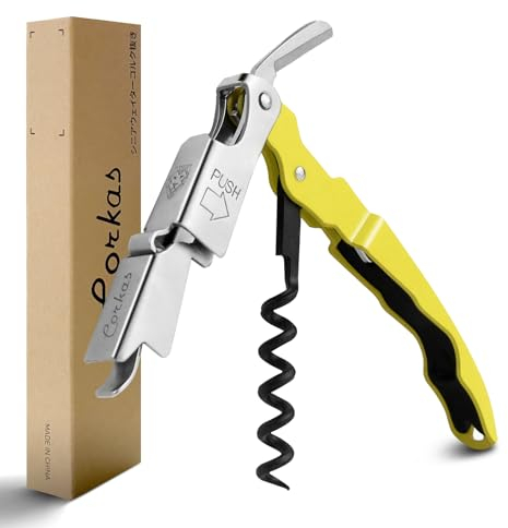 CORKAS Tire Bouchon Professionnel, Couteau de Sommelier, qualité hôtel et Restaurant, Couteau de Serveur avec Décapsuleur et Coupe-Capsule, Ouvre Bouteille en Acier Inoxydable (Jaune)