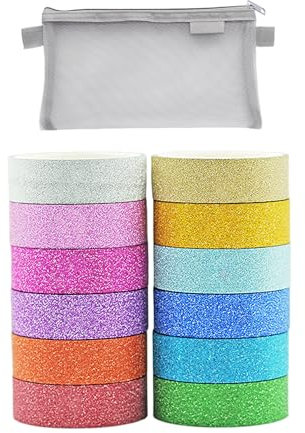 NYGGTYK Lot de 12 rouleaux de ruban adhésif à paillettes avec 1 sac de rangement en filet, ruban adhésif coloré à haute adhérence, Washi Tape, bricolage, décoration de fête et de scène