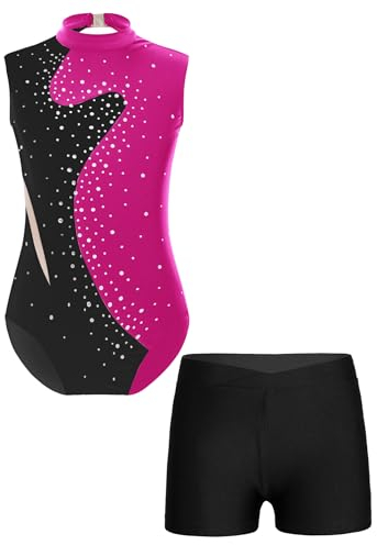 YOOJIA Kinder Mädchen Turnanzug Strass Leotard Ballett Trikot Ärmellos Tanzbody und Kurze Hose Ballettanzug Wettkampf Tanzkostüm N Hot Pink & Schwarz 134-140
