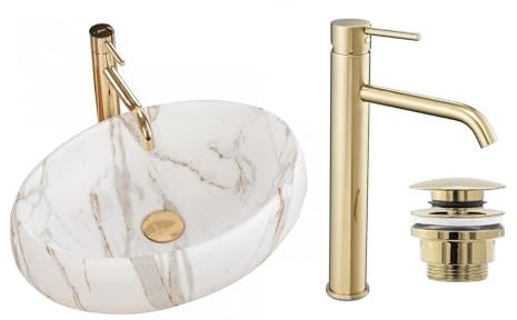 GTM Design Aufsatzwaschbecken Matt Set mit Waschtischbatterie und Stopfen - Aufsatzwaschbecken Oval für Badezimmer - Modern Waschbecken ohne Hahnloch - Waschbecken mit Armature - Modell 4