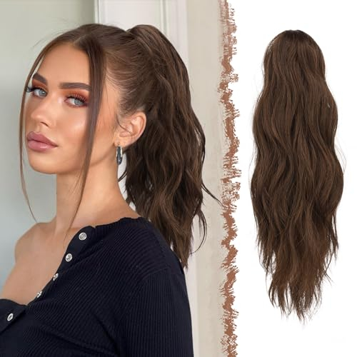 FESHFEN Gewellt Pferdeschwanz Haarteil mit Klammer, 50cm Pferdeschwanz Zopf Extensions Claw Clip in Wavy Ponytail Extension Synthetik Haarverlängerung für Frauen Damen Dunkelbraun & Rotbraun