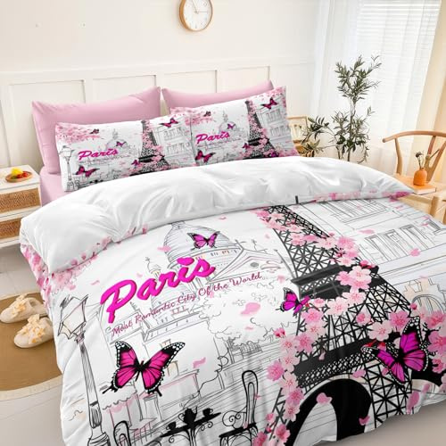 Chumerry Paris Schlafzimmer-Schmusetuch in voller Größe, Bett in Einer Tasche mit rosa Bettlaken-Set, Kirschblüten, Schmetterling, Steppdecke, für Damen, Teenager, Mädchen, komplettes Bettwäsche-Set