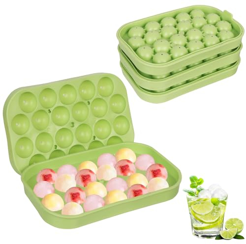 4 Pack Ice Cube Trays, Round Ice Cube Tray with Lid, Round Ice Cube Moulds Silicone 22 Cubes per Tray, Easy-Release Flexible Ice Cube Tray for Chilling Drinks Coffee Juice (4, Green)