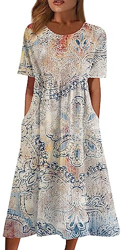 LSAltd Kleid Damen Blusenkleid Damen Strandkleider Damen Sommer Knielang Elegant Kleid Lose Tunika Freizeitkleid Kleider Damen Festlich Weißes Kleid Kleid Langarm Damen Party Kleid（4-Beige,L）