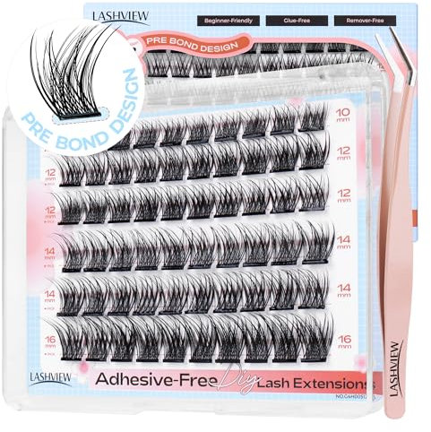 LASHVIEW Self Adhesive Eyelashes,D Curl Press On Lash Clusters Kit Pre Glued Eyelash Clusters with Applicator,No Glue No Remover Needed DIY Lash Extension Kit 10-16mm (N01 60Pcs)
