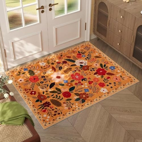 ARRITS Fußmatte Innen 50x80 cm, Boho Blumen Teppich Kleiner, Weicher rutschfest Kurzflor Teppich Waschbar für Eingangsbereich, Küche, Haustür, Inneneingang, Eingang, Kinderzimmer (Orange)