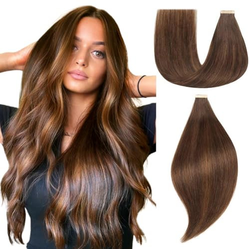 EINbeauty Tape Extensions Echthaar 20pcs Extensions Echthaar 60cm 50g Dunkelbraun mit Chestnut Brau Tape In Extensions Echthaar Invisible Echthaar Extensions Tape Haarverlängerung(24inch,2/2/6#)