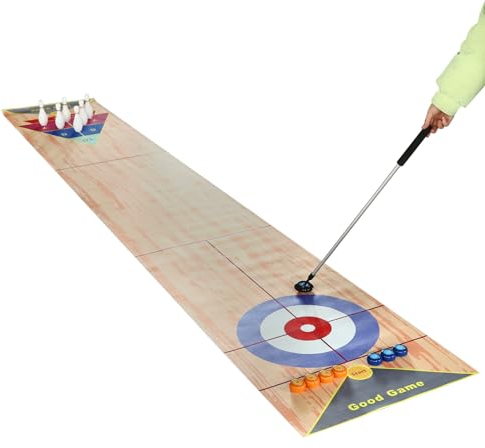 Garbenat 3 in 1 Shuffleboard Game Table-Top Curling Spiel Bowling Spiel für 1-8 Spieler 3.6M Bowling Shuffleboard Tischset mit 2 Putter 8 Shuffleboards 6 Bowlingflaschen Erwachsene Outdoor Spiele