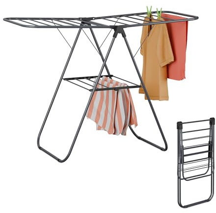 Relaxdays séchoir à Linge Pliable, 2 Niveaux, avec des Ailes, HxLxP : 93x136x58 cm, étendoir en métal, Gris