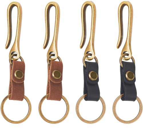 SUNNYCLUE 4Pcs 2 Colors Fish Hook Keychain Holder U Shaped Keychain Alloy Retro Key Chain Belt Hook with Cattlehide Leather Iron Findings Key Loop Pocket Clips for Men Keychains Wallet DIY Accessories