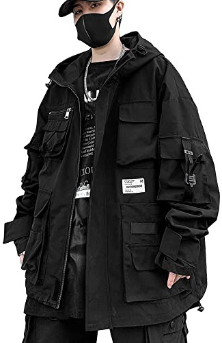 XYXIONGMAO Gothic Kleidung Taktische Cyberpunk Techwear Reißverschluss Jacke Windbreaker Kapuze Streetwear Jacken für Männer
