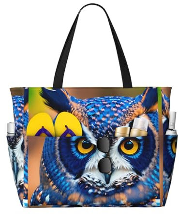 Große Strandtasche, Motiv: blaue Eule, 45 x 38 x 17 cm, vielseitige Reisetasche, Schwarz, Einheitsgröße