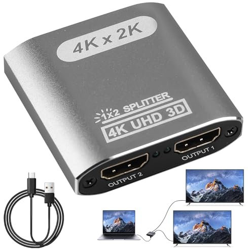 HDMI Splitter Aluminium 4K@60Hz, 1 In 2 Out Gleichzeitig HDMI Verteiler Unterstützt HDCP 4K 3D UHD 1080P, HDMI Splitter Kompatibel mit Xbox PS3 PS4 Roku Blu-Ray-Player Firestick HDTV Apple TV