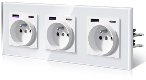 BSEED Prise Murale avec 20W USB et Type C, 3 IN 1 Prise Electriques Standard avec Griffes, Prise de courant en Verre, Connexion Rapide Sans Vis, Recharge Rapide,Gain de Place Élégant, 86*228MM, Blanc
