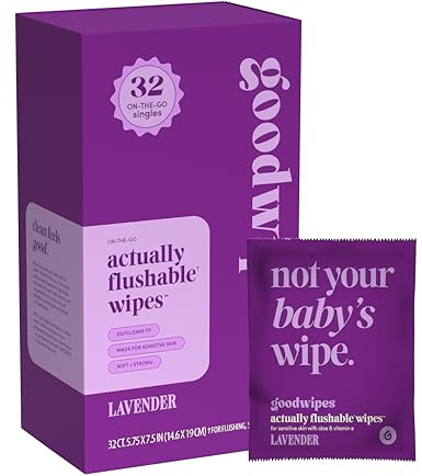 goodwipes Flushable Cloths - Individually Wrapped Butt Wipe for Adults on the Go - Portable Mini Wipes - Travel Essentials - Sewer and Septic Safe - Lavender 32 Pack (Pack of 1)