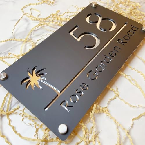 Personalized house number sign Custom Modern design Acrylic Palms Tree Seaside House Number Sign Plate Outside Address Name Door Wall Room Plaque (Black Silver)