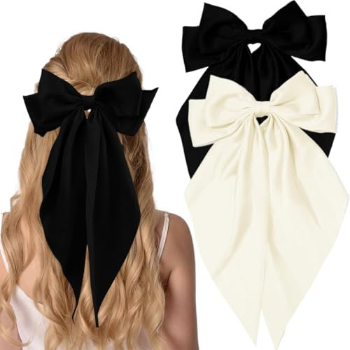 XYTAHDM 2 pinzas para el pelo con lazo grande - pinzas para el pelo con cinta de raso de seda larga accesorios para mujeres y niñas, negro + blanco leche