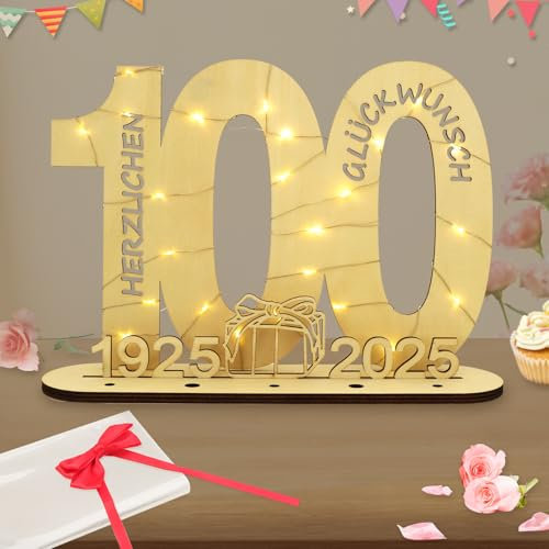 Seutgjie Deko 100 Geburtstag Frauen Männer 1925-2025 Geldgeschenk mit LED Lichterkette Fliege und Geschenkpapier für Jubiläum Hochzeitstag Tischdeko Originelle Holz Schild Gästebuch