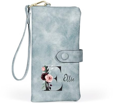 Jeweidea Portefeuille Personnalisé Femme avec Nom Lettre Portefeuille en Cuir PU avec Dragonne Carte Identité Pièce de Monnaie Fermeture éclair Cadeaux Maman Mamie Femme (Bleu Clair)
