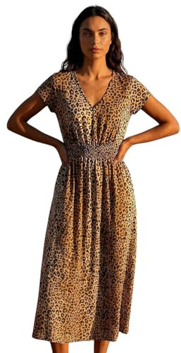 Roman Originals Shirred Waist Dress for Women UK Ladies Midi Maxi Summer Spring Tiered Frill Hem Empire Waist Short Sleeve V Neck Gathered Skirt Bohemian Holiday - Camel - Size 16