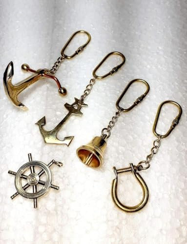 Lot de 5 porte-clés nautiques en laiton - Motif ancre et cloche - Style vintage
