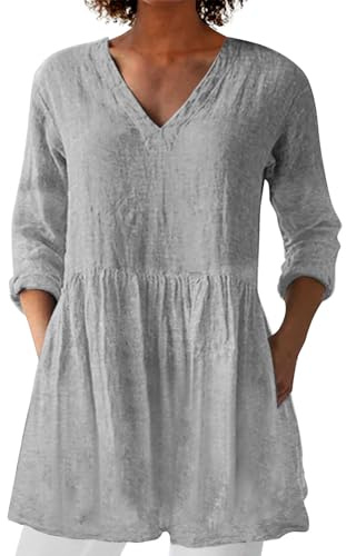 Leinenbluse Damen, Blusenshirt Langarm Sommer Leinen Shirt Sommerblusen Leicht Strand Tunika Luftig Boho Elegante Oberteile Tshirt Longshirt Blusen & Tuniken Für Damen