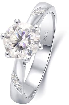 Schmuck Ringe Damen, Damenring für mittelfinger 6 Klauen Rund 18K Weißgold mit Weiß Moissanit Größe 66 (21.0)