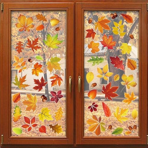 JKITNHJOT Fensterbilder Herbst, Thanksgiving Fenster, Selbstklebend Aufkleber, Ahornblätter, Herbst Blätter Thanksgiving Herbstdeko, Urlaub Fenster Aufkleber (A)