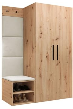 Mirjan24 Garderoben-Set Mapreni IV, Schuhschrank + Kleiderhakenbrett + Kleiderschrank Gepolstertes Paneel/Wandpaneel Kleiderhaken Flurgarderobe Wandgarderobe (Artisan Eiche, Manila 02)
