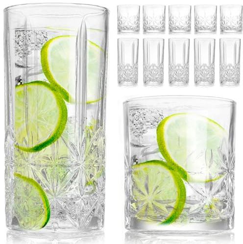 LemonRoad 12 Tall Highball Glasses Sets Crystal Drinking Glasses Clear Fancy Vintage Textured 12oz 15oz Cups for Cocktail Tea Water Beer Soda Beverages Juice, Liquor or Wine, Dishwasher Safe(Star)