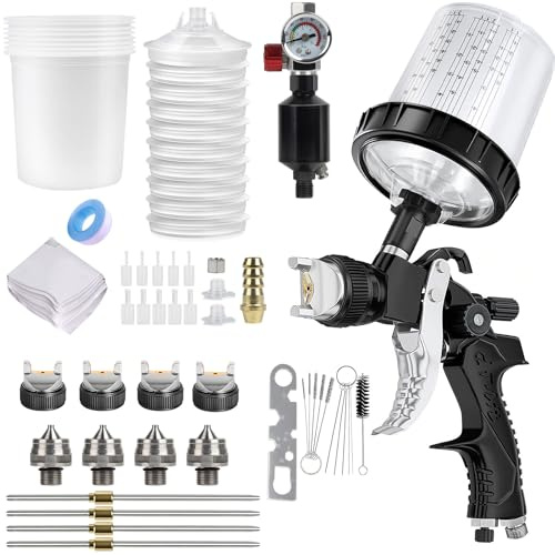 HVLP Lackierpistole Spritzpistole mit 4 Düsen-1,4/1,7/2,0/2,5mm, Lackierpistole Druckluft Schwerkraft Sprühgeräte mit 600ML Messbechern, 10 Einweg-Farbmischbechern und Deckeln, 20 Filtern (Schwarz)
