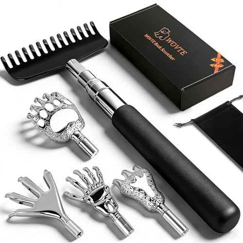 WOVTE Rascador de espalda extensible para hombres y mujeres con 5 cabezales de rascar desmontables, rellenos de calcetines para adultos, hombres, día del padre, día de la madre, cumpleaños, regalos de