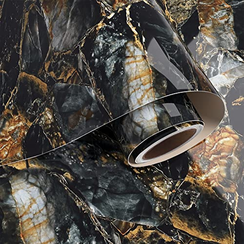 VaryPaper Marmor Folie Schwarz Gold Glänzend Küchentapete Abwaschbar 60cmx400cm Klebefolie Marmoroptik Möbelfolie Arbeitsplatte Küche Tapete Badezimmer Wasserfest Wohnzimmer Tisch Schrankfolie
