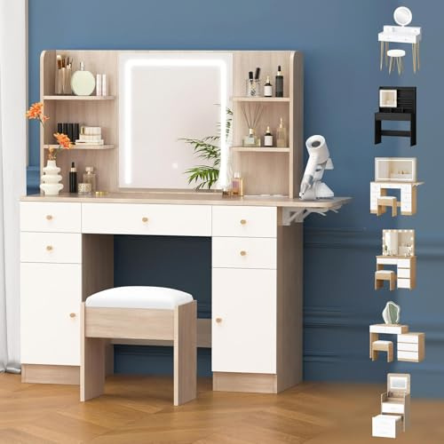 ALFORDSON Großer Schminktisch mit Beleuchtung, LED-Spiegel, Eiche | Makeup Tisch 110Bx40Tx138H cm, 6 Offene Regale, 5 Schubladen, 3 Lichtmodi zu wählen, Hocker, Seitenplatte fürs Schlafzimmer