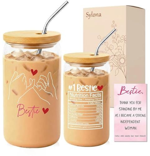 Sylona Best Friend Birthday Gifts for Women – Glass Mug & Tumbler with Lid & Straw, Complete Set – Unique Friendship Gifts for Bestie, Her, Sister – Ideal Gifts for Women