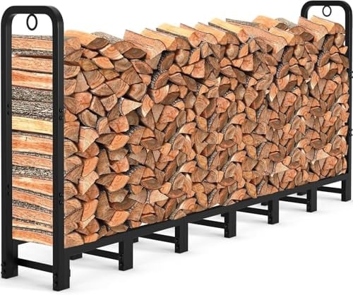 GarveeLife Kaminholzregal, Metall Kaminholzständer mit Sicherungsringen, Feuerholzablage Innen und Aussen, Brennholzregal für Kamin & Ofen, Stahl 244x30.5x105cm, Schwarz