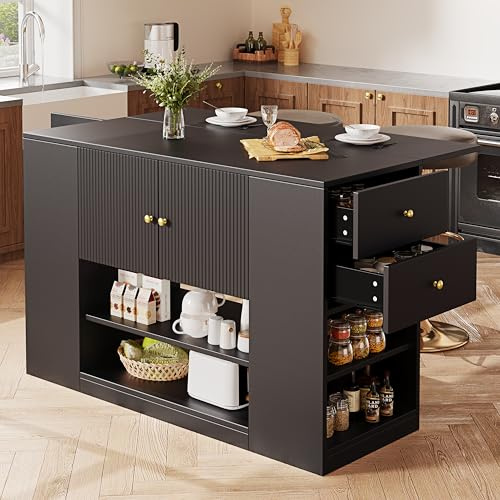 BTM Modern Kitchen Island Sideboard Kitchen Storage Cabinet With Drawers & Shelves Folding Table Worktop For Dining Room Black