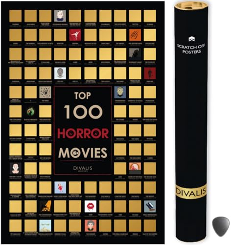 Divalis Rubbelposter Top 100 Horrorfilme Einfach zu Rahmen – Horrorfilmliste zum Freirubbeln – Grusel-Poster 61x41 cm mit Zubehör – Horror Movie Scratch off Poster