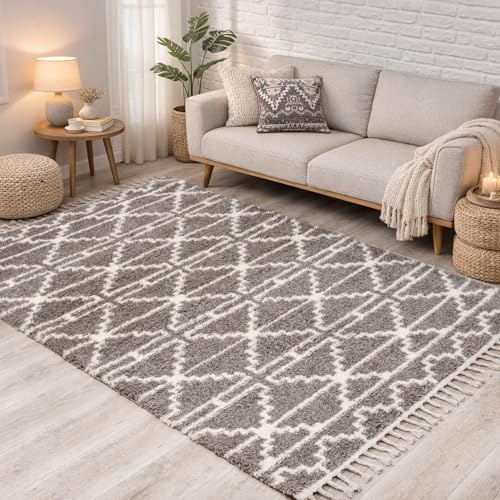 carpet city Hochflor Teppich Shaggy Grau/Taupe 200x290 cm - Ethno-Rautenmuster, Fransen & Kettfäden - flauschig weich, kuschliger Schlafzimmer- & Wohnzimmerteppich